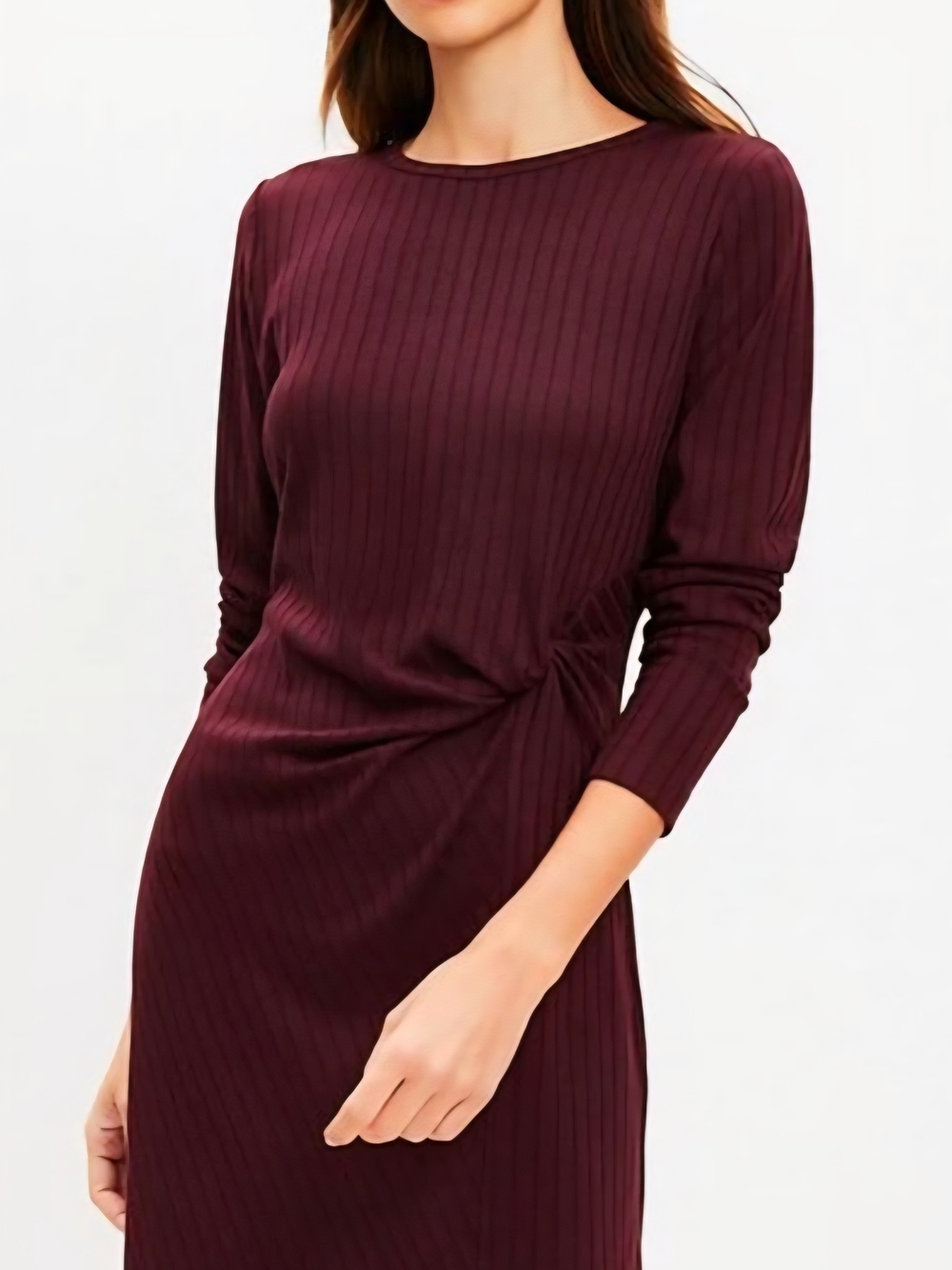 NWT LOFT Ribbed Long Sleeve Twist Dress in Plum
